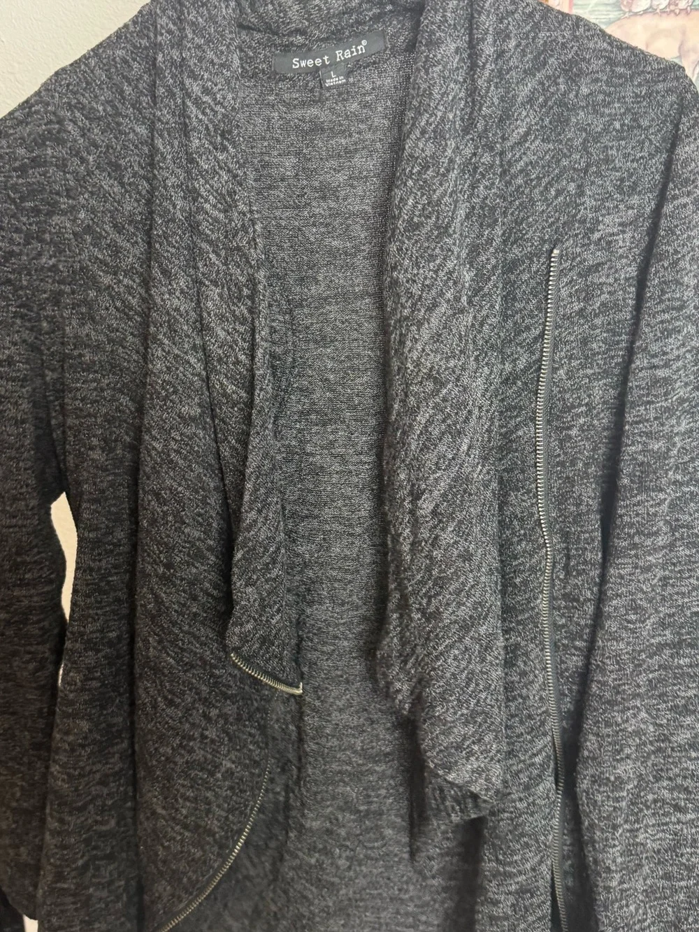 Sweet Rain Charcoal Gray Zip-Front Knit Cardigan Sweater Size Large